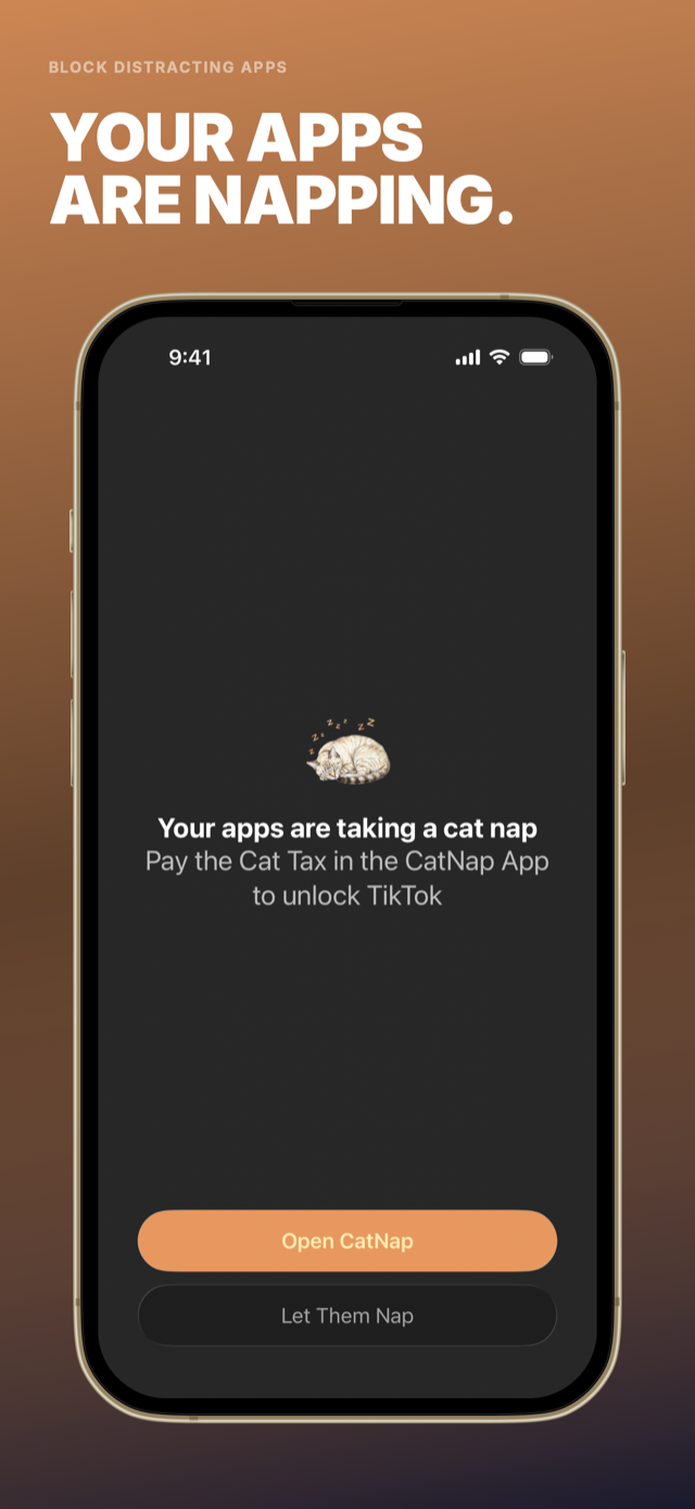 CatNap app screenshot: a blocked app asks you to open CatNap to unlock it